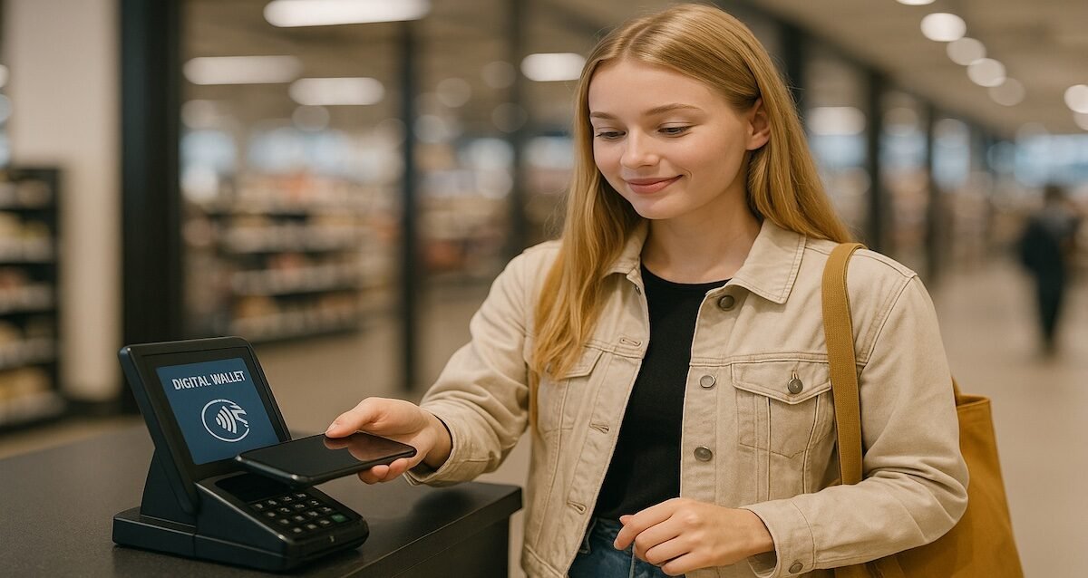 A Gen Z shopper using a phone to pay at a checkout counter with a digital wallet screen visible