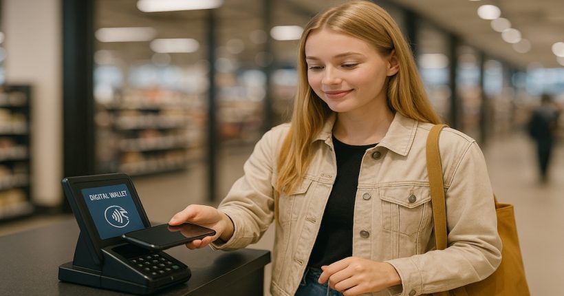 A Gen Z shopper using a phone to pay at a checkout counter with a digital wallet screen visible