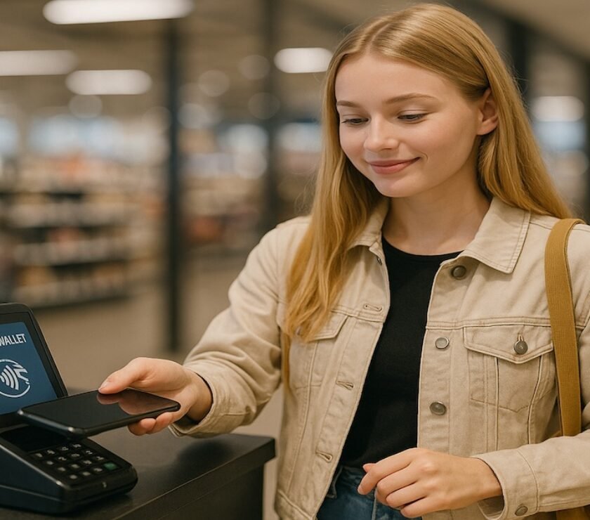 A Gen Z shopper using a phone to pay at a checkout counter with a digital wallet screen visible