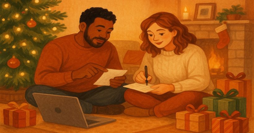 Smiling couple reviewing their holiday budget on a laptop with coffee and receipts on table