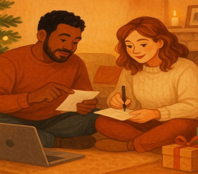 Smiling couple reviewing their holiday budget on a laptop with coffee and receipts on table