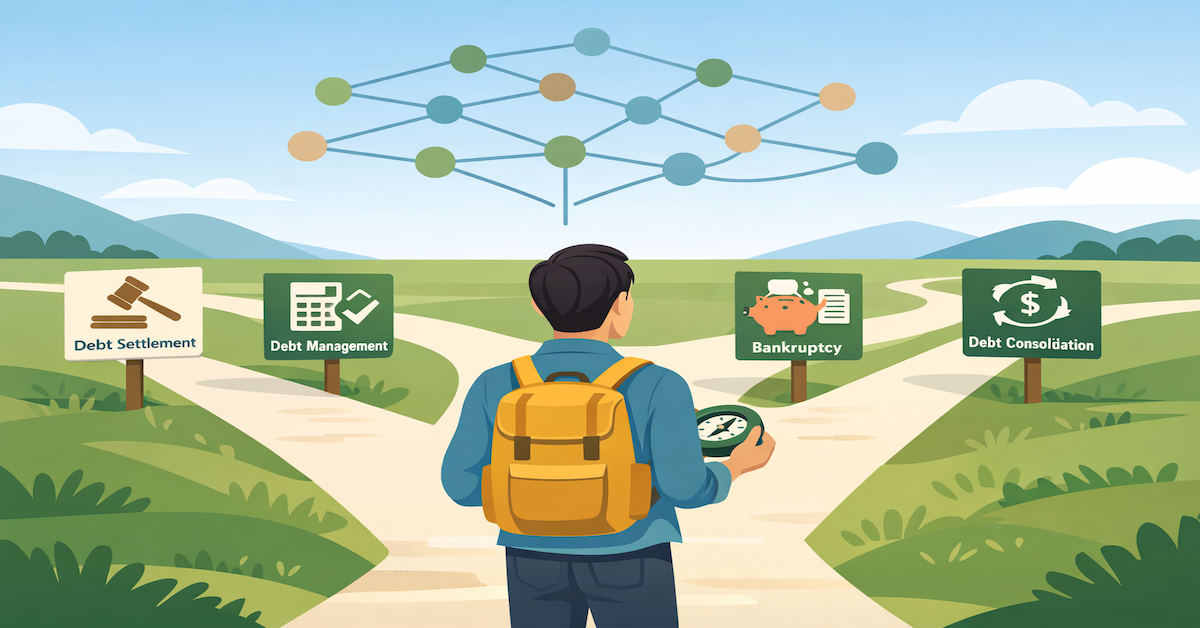 Person standing at crossroads choosing between four debt relief pathways—DIY payoff, consolidation, settlement, and bankruptcy—with decision tree flowing above representing strategic financial planning framework