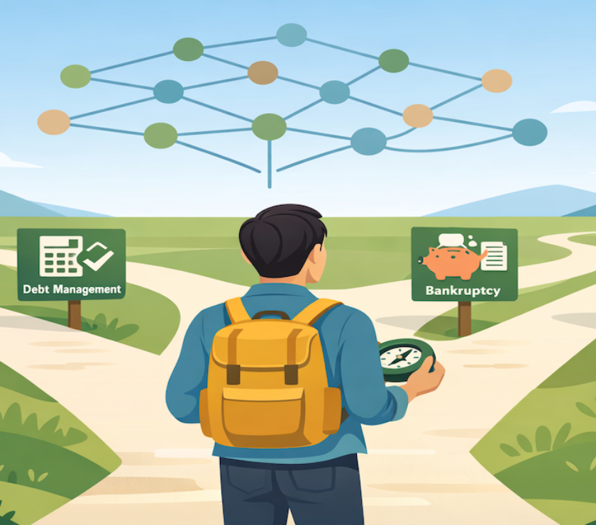 Person standing at crossroads choosing between four debt relief pathways—DIY payoff, consolidation, settlement, and bankruptcy—with decision tree flowing above representing strategic financial planning framework
