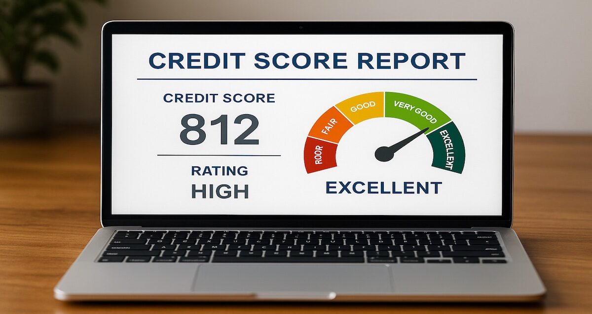 Power of credit shows Credit score report with high rating displayed on laptop screen