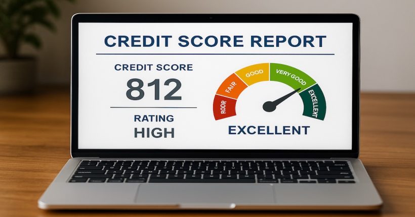 Power of credit shows Credit score report with high rating displayed on laptop screen