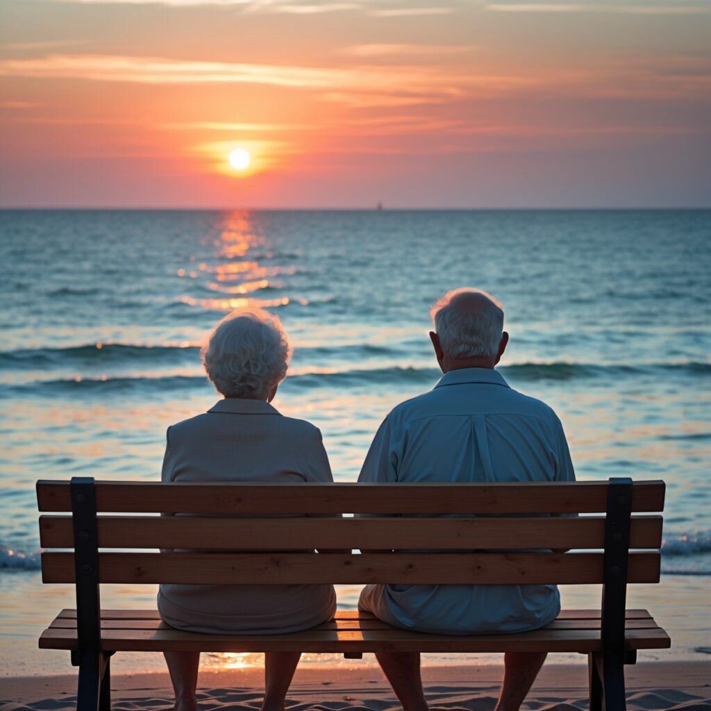 man and woman sitting on brown wooden bench