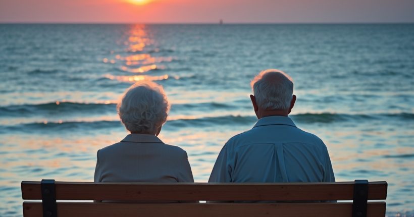 man and woman sitting on brown wooden bench