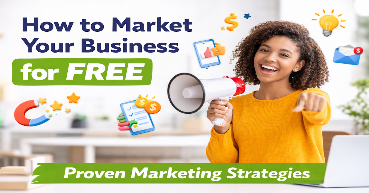 Woman hold a bullhorn pronouncing marketing strategies are free