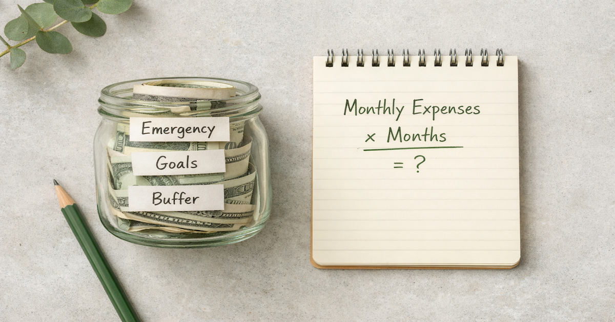 Glass jar divided into labeled savings sections for emergency fund, short-term goals, and expense buffer alongside a handwritten money market account calculation