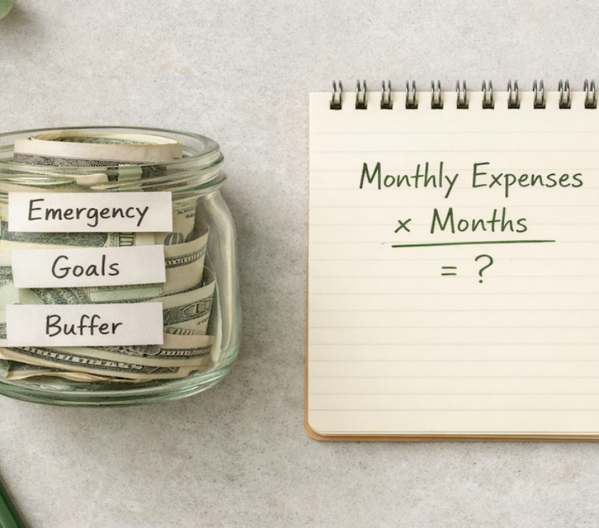 Glass jar divided into labeled savings sections for emergency fund, short-term goals, and expense buffer alongside a handwritten money market account calculation