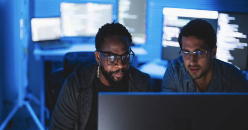 Cybersecurity professionals monitoring network security on multiple screens.
