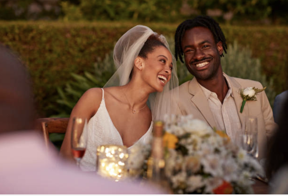 A happy couple celebrating their wedding financed through a wedding loan.