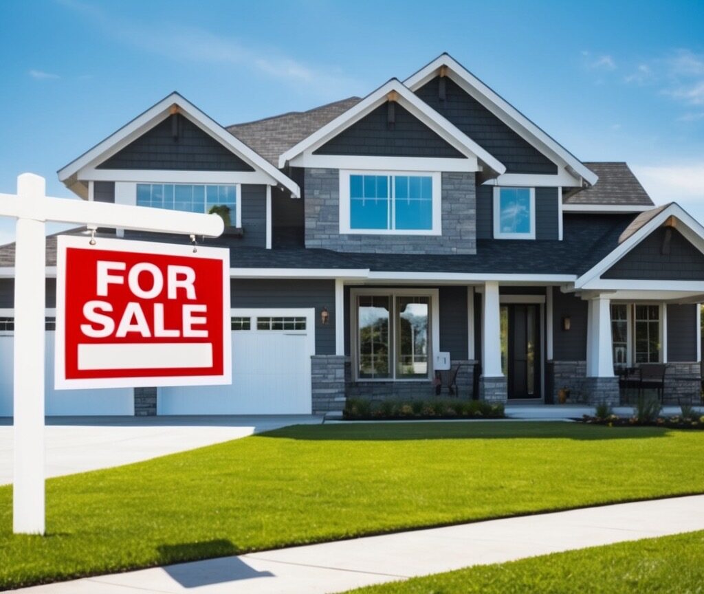 Modern house with a for-sale sign in front, representing the 2025 housing market.