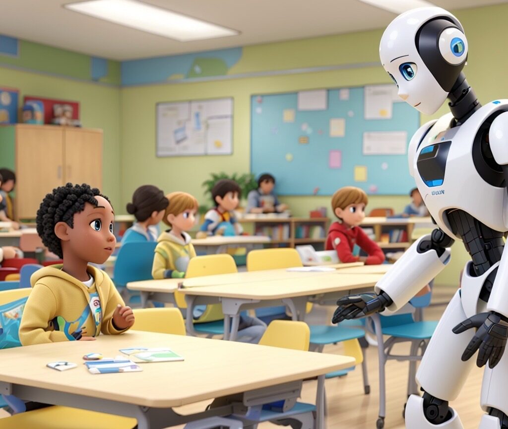 A humanoid robot interacting with a child in a classroom setting.