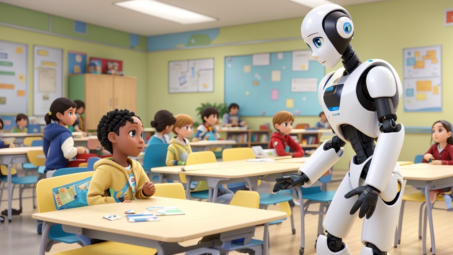 A humanoid robot interacting with a child in a classroom setting.