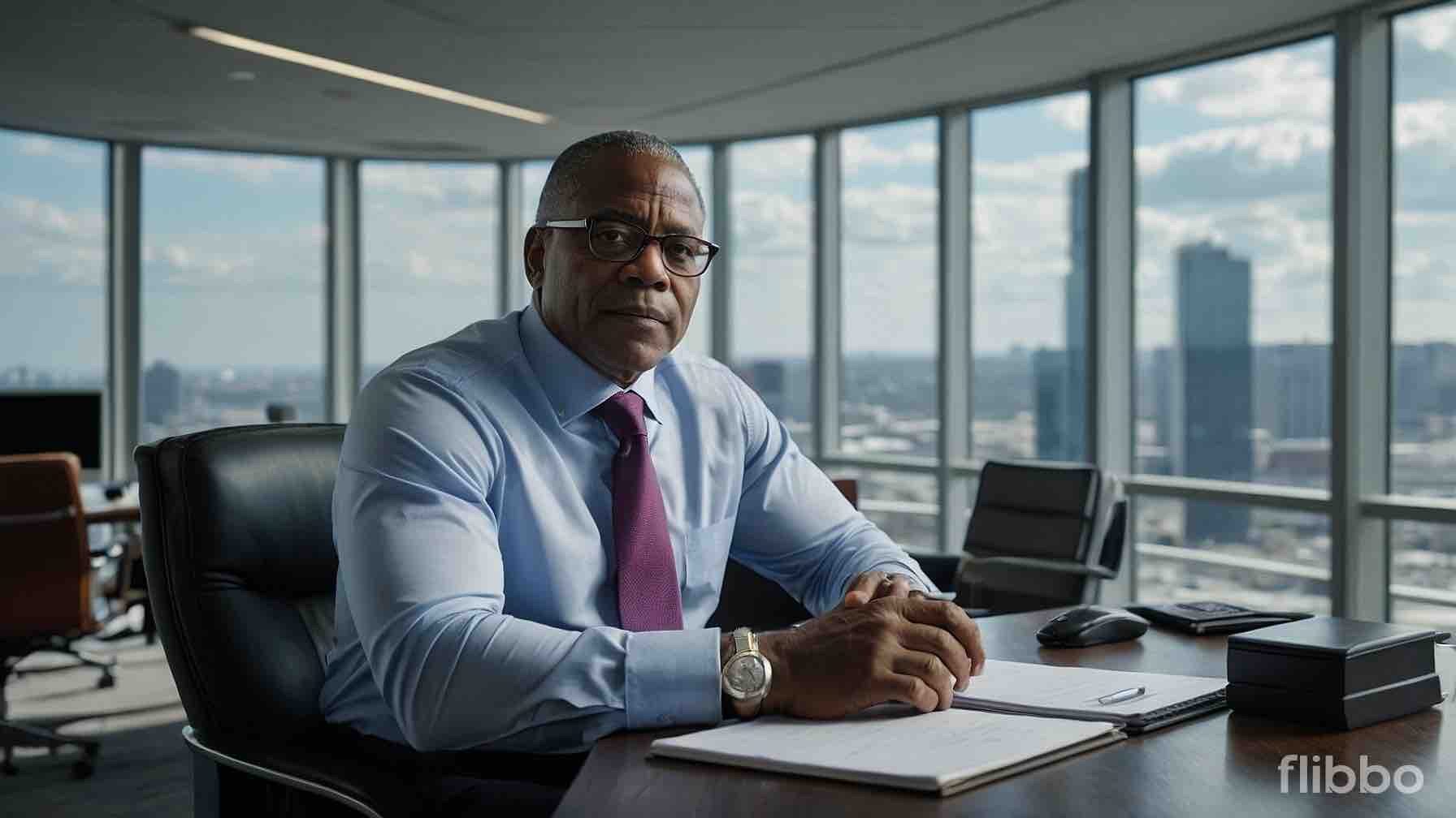 Charles Schwab vp in his office at headquarters building with stock price chart showing upward trend after Q4 2024 earnings announcement
