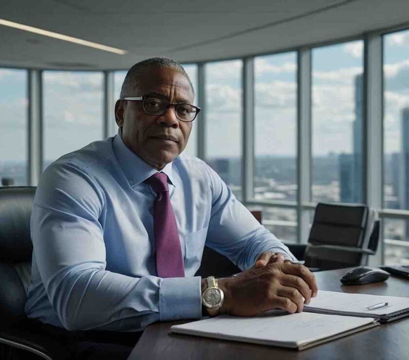 Charles Schwab vp in his office at headquarters building with stock price chart showing upward trend after Q4 2024 earnings announcement