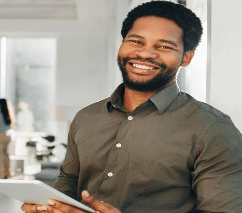 Man learning new skill on app.