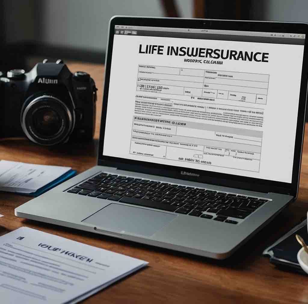 A person filing a life insurance claim with documents and a laptop.