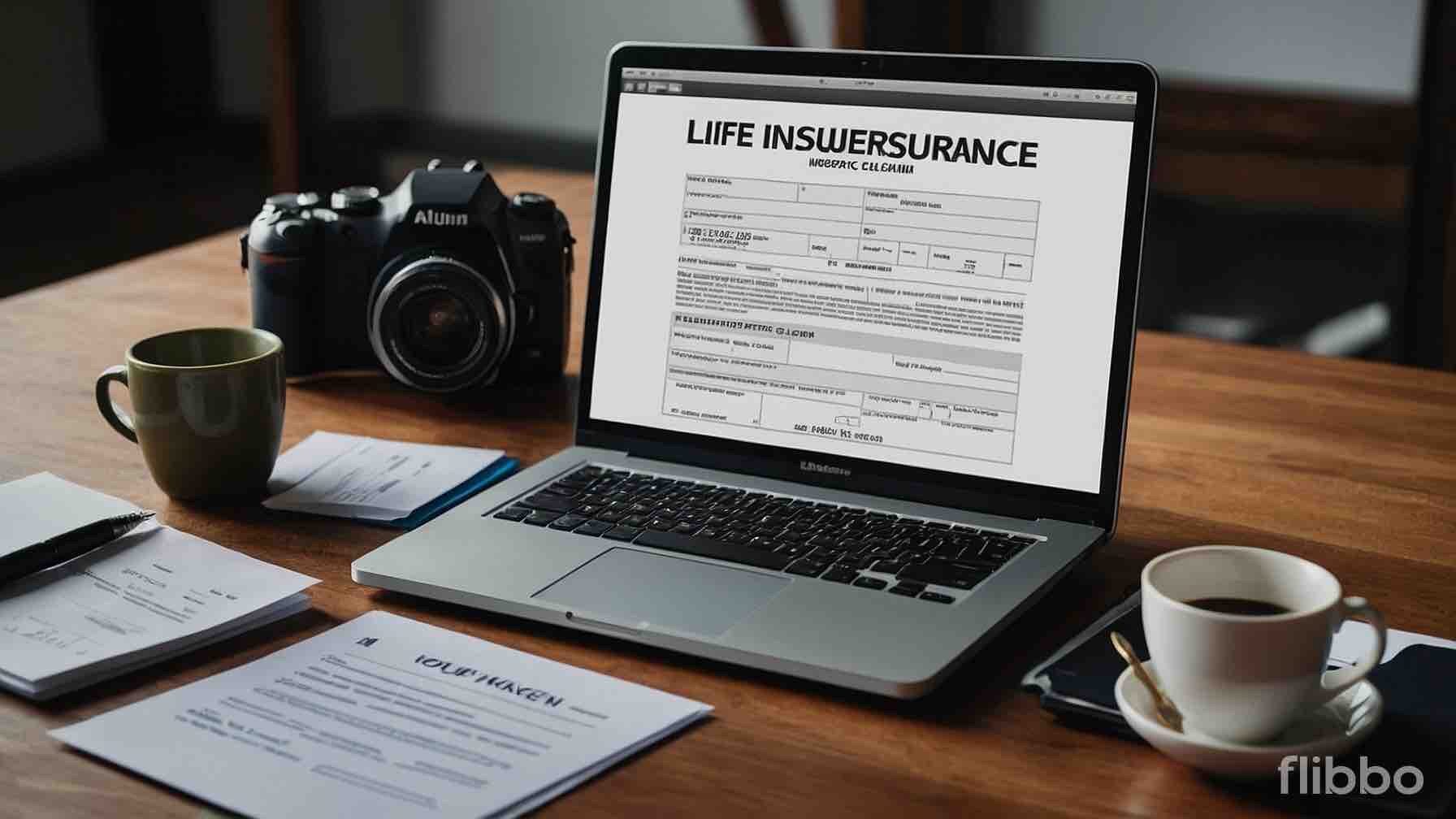 A person filing a life insurance claim with documents and a laptop.