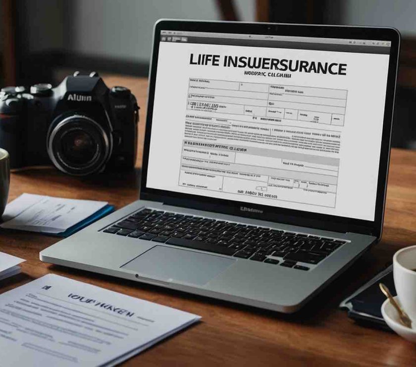 A person filing a life insurance claim with documents and a laptop.