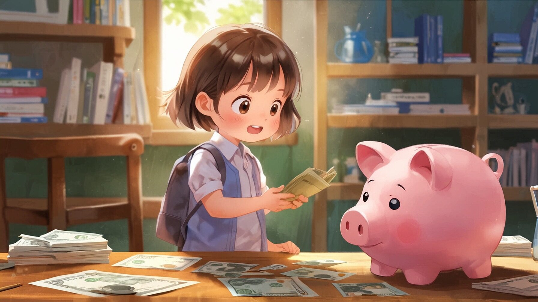 Child learning financial literacy with a piggy bank and savings chart.