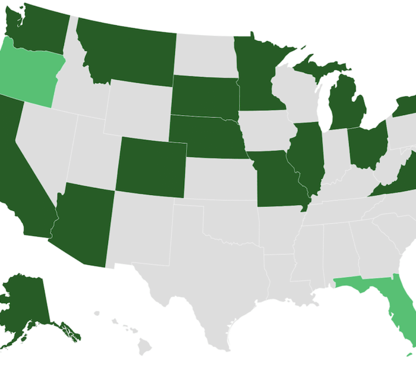 nfographic showing U.S. map highlighting 21 states with minimum wage increases in 2025, with dollar amounts and percentage changes