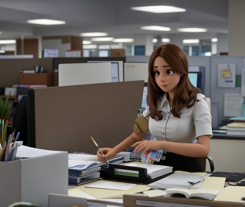 Woman sitting at a desk in the financial office working on personal finance goals.
