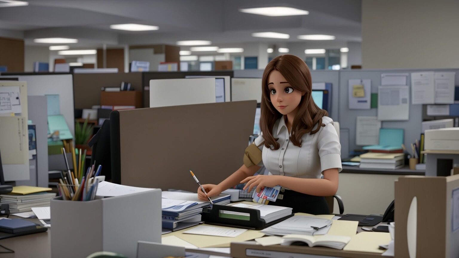 Woman sitting at a desk in the financial office working on personal finance goals.