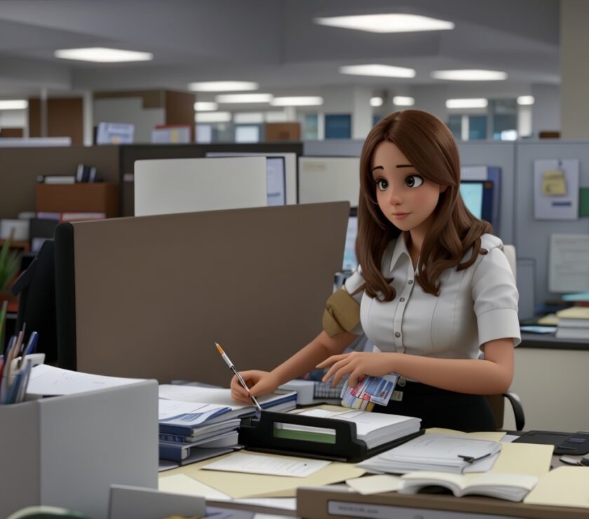 Woman sitting at a desk in the financial office working on personal finance goals.