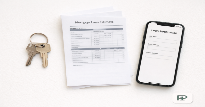 House keys and mortgage loan estimate document on a desk representing the Better Mortgage digital home loan application process for first-time buyers