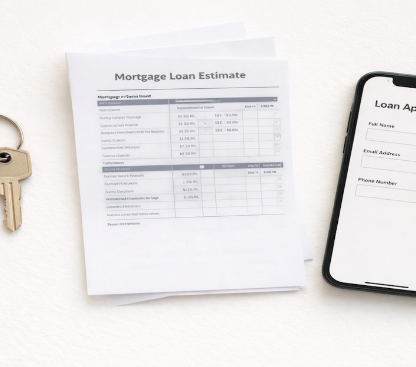 House keys and mortgage loan estimate document on a desk representing the Better Mortgage digital home loan application process for first-time buyers