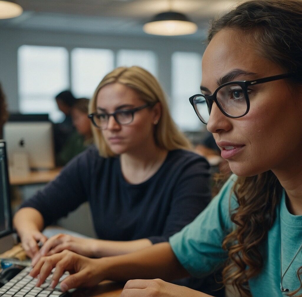 Women sitting at desk in software developer classroom.