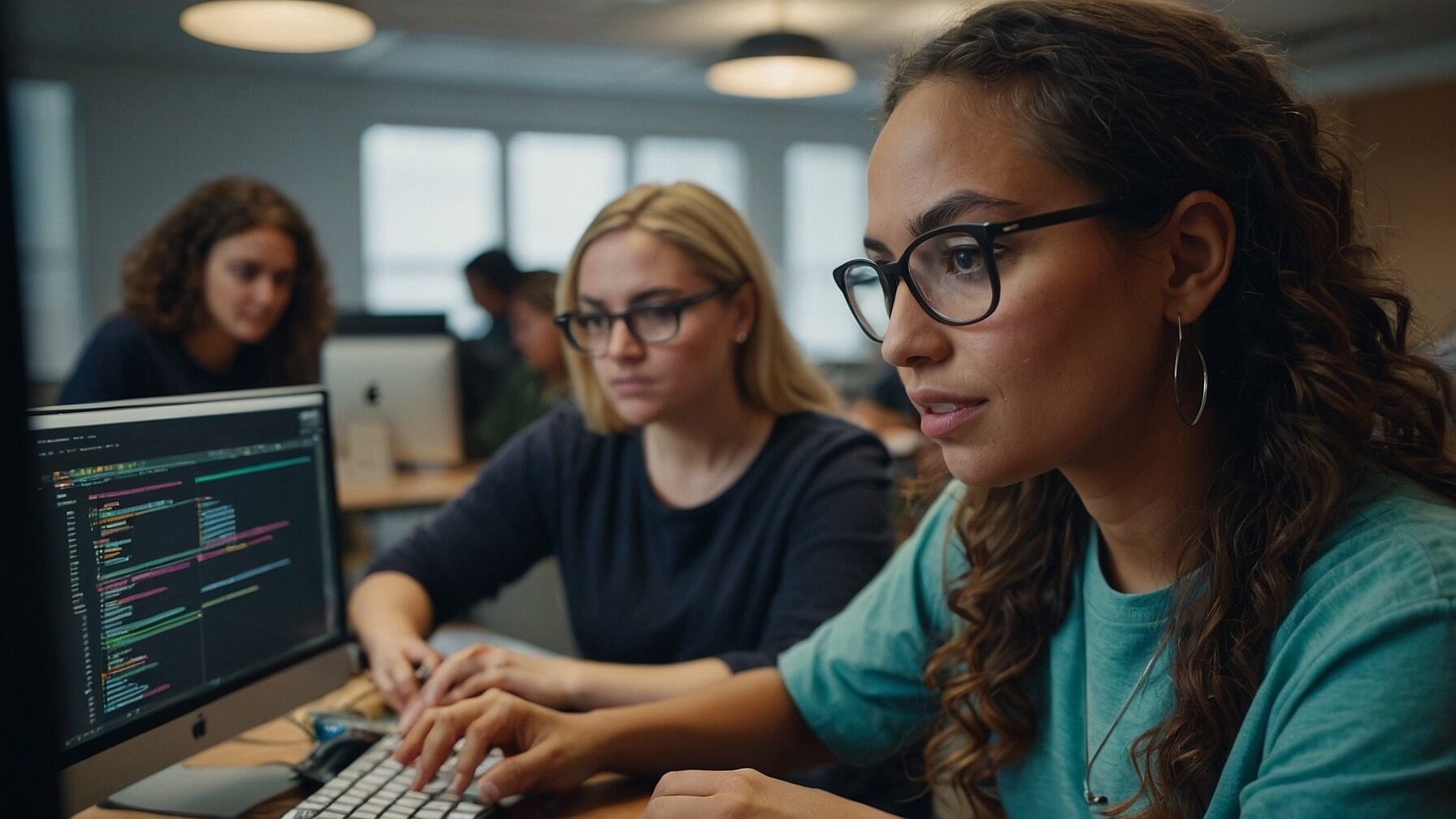 Women sitting at desk in software developer classroom.