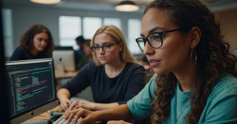 Women sitting at desk in software developer classroom.