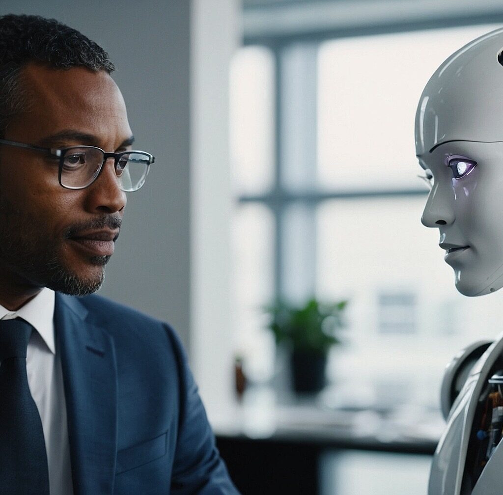 Businessman in office with his competitor AI.