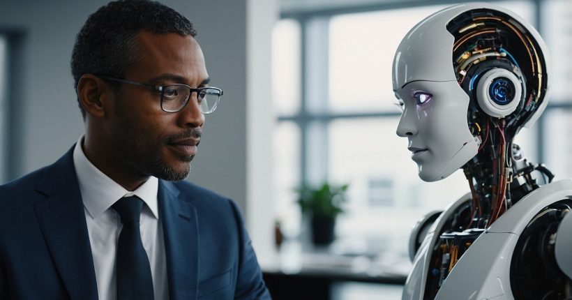 Businessman in office with his competitor AI.
