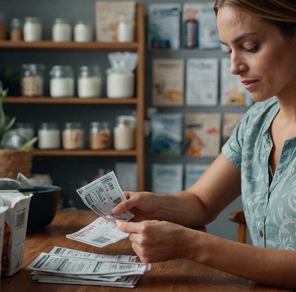 Woman organizing grocery coupons to maximize savings.