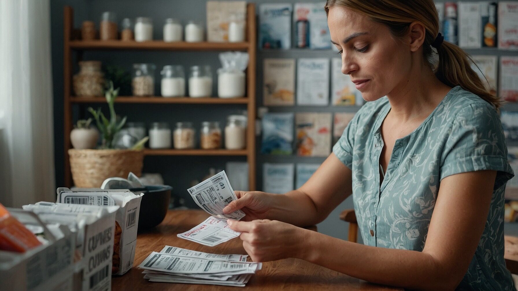 Woman organizing grocery couponing to maximize savings