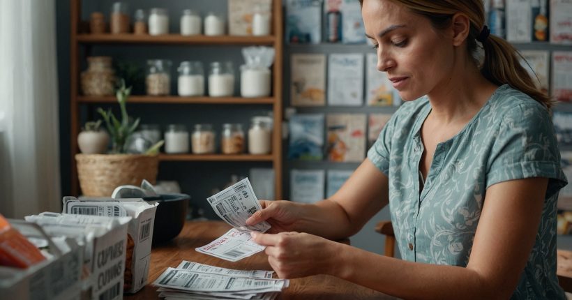 Woman organizing grocery couponing to maximize savings