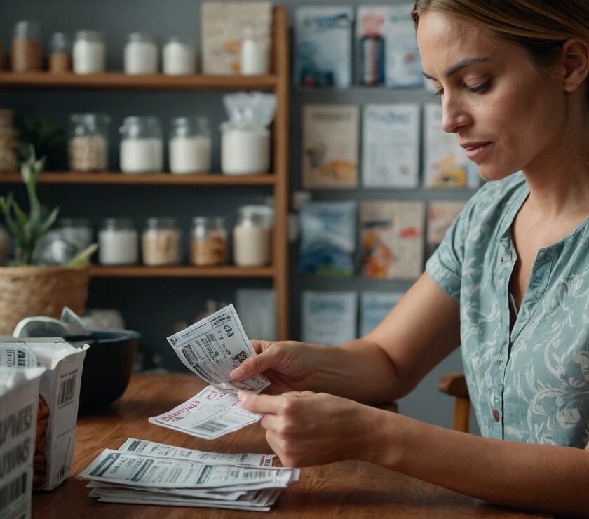 Woman organizing grocery couponing to maximize savings