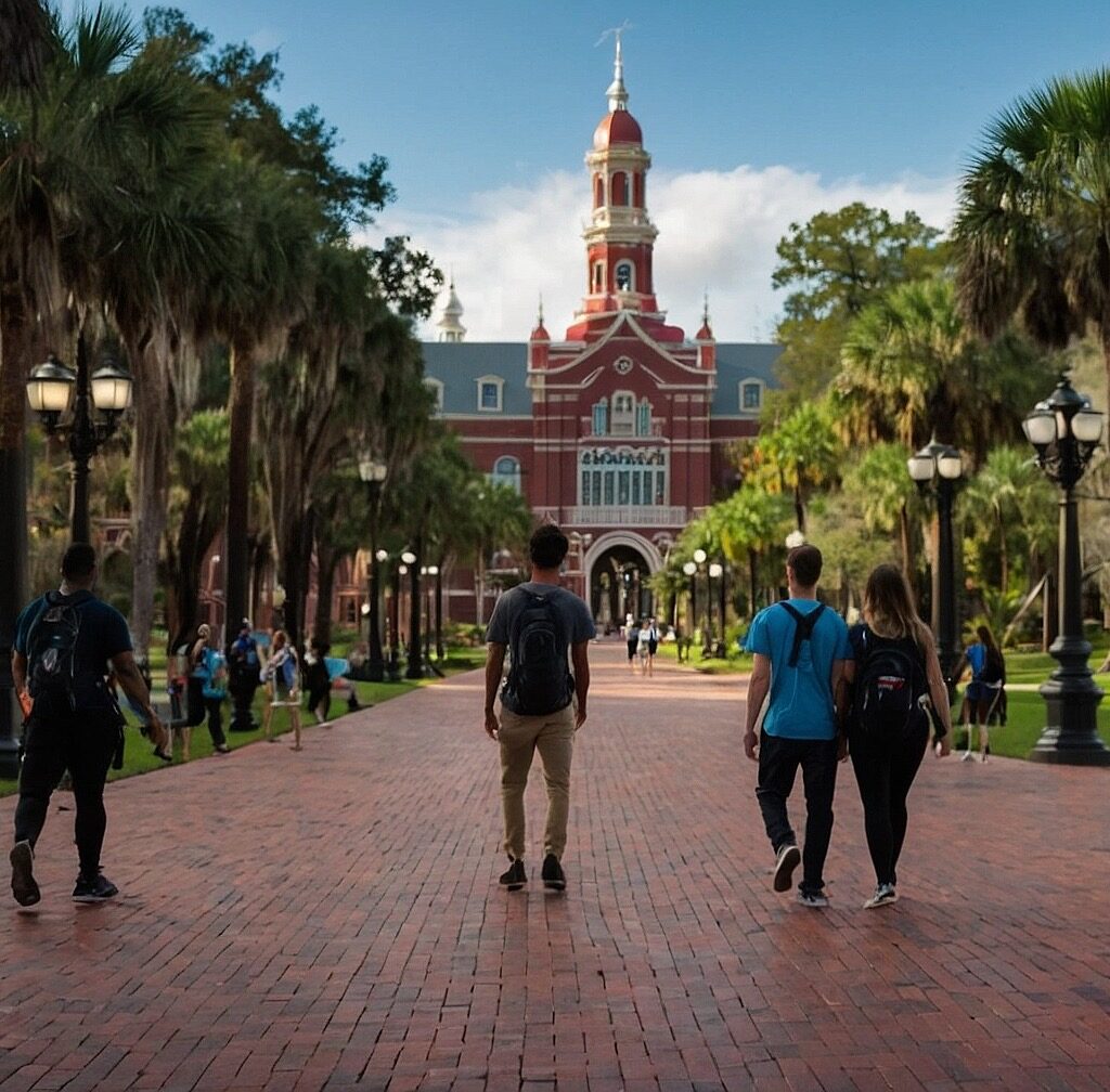University of Tampa campus showing students walking to class.