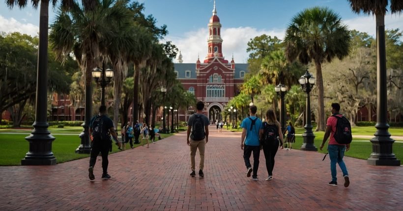 University of Tampa campus showing students walking to class.