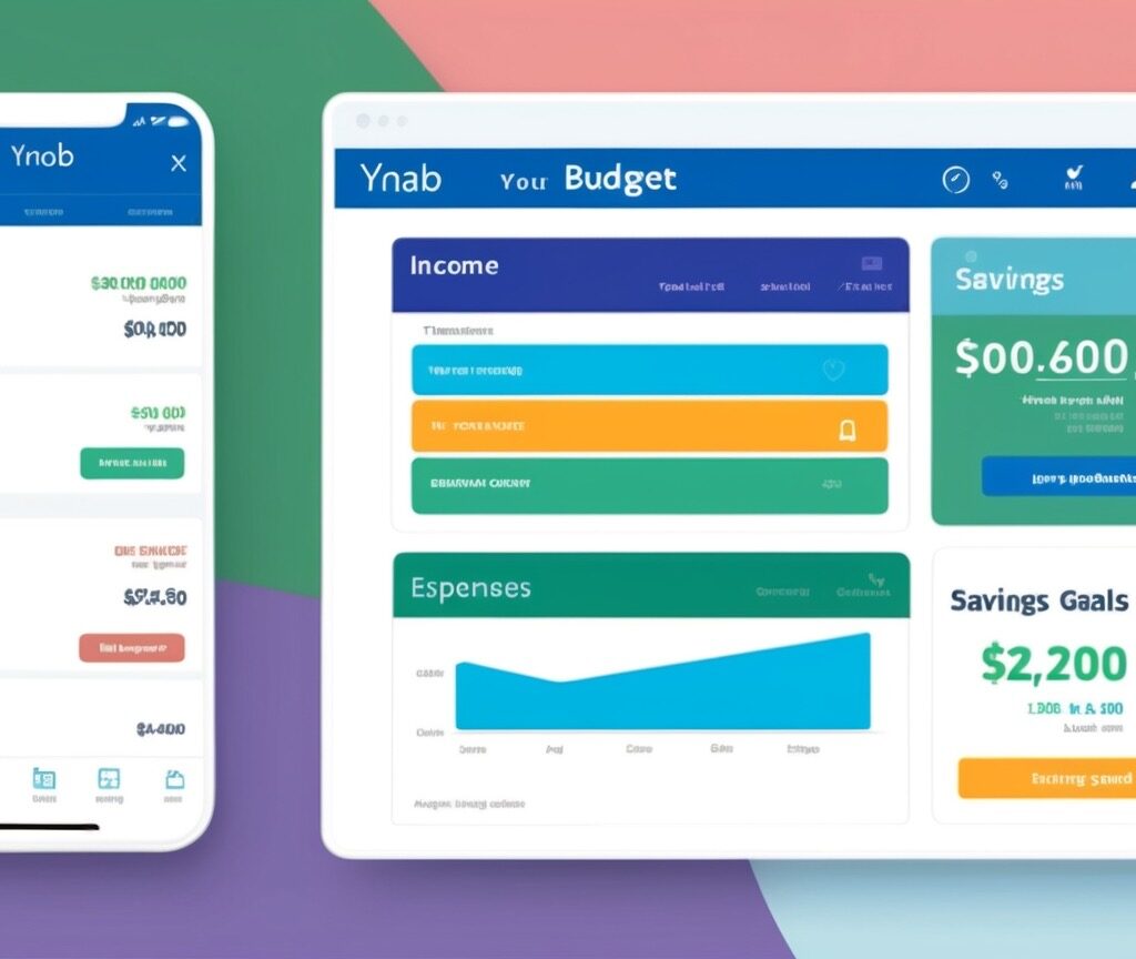 YNAB budgeting tool interface displaying income, expenses, and saving goals.