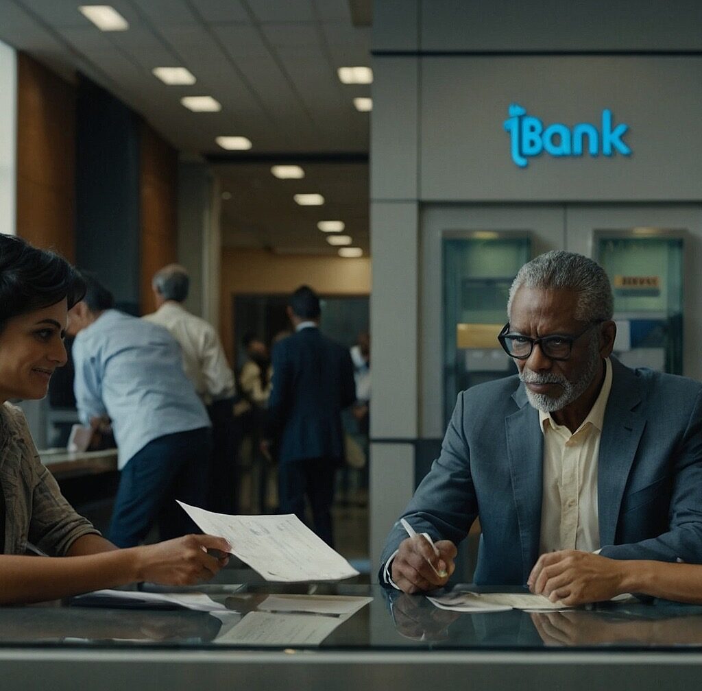 Modern banking technology illustration showing secure financial transactions and innovative digital services.
