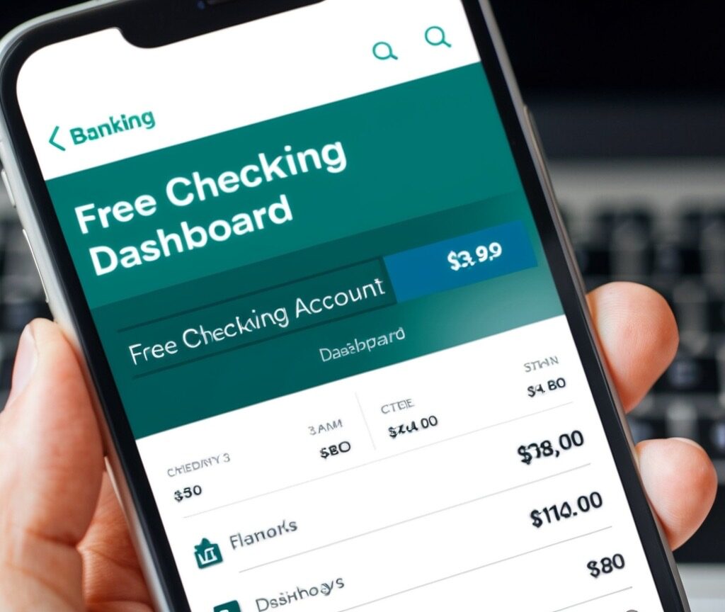 A smartphone displaying a free checking account dashboard on a banking app.