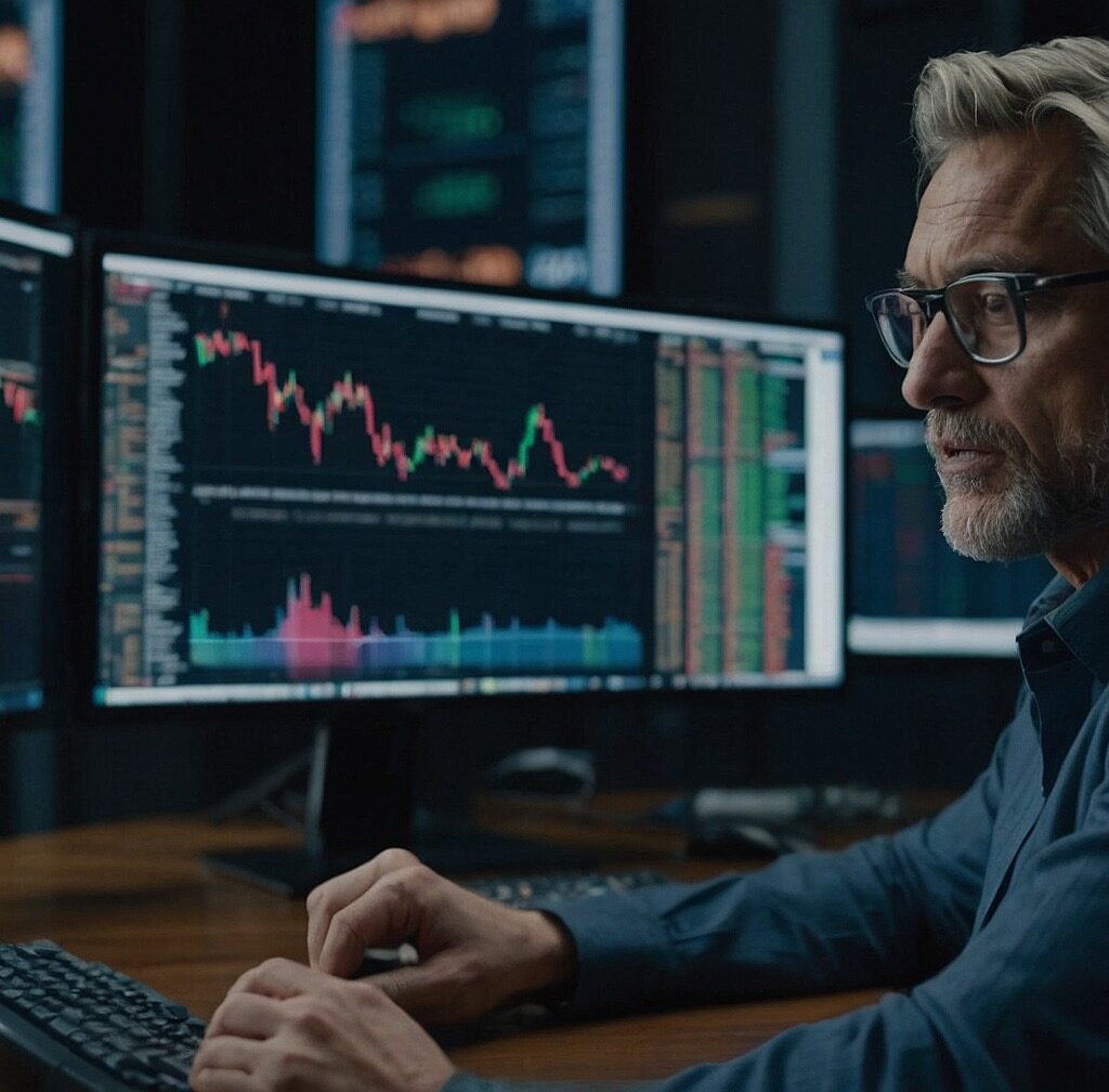 Investor analyzing cryptocurrency exchange platform