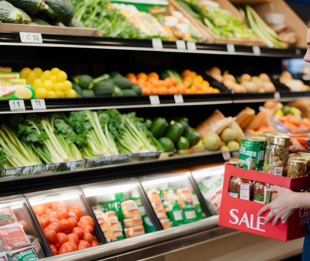 Woman practicing freegan lifestyle looking for sales while grocery shopping.