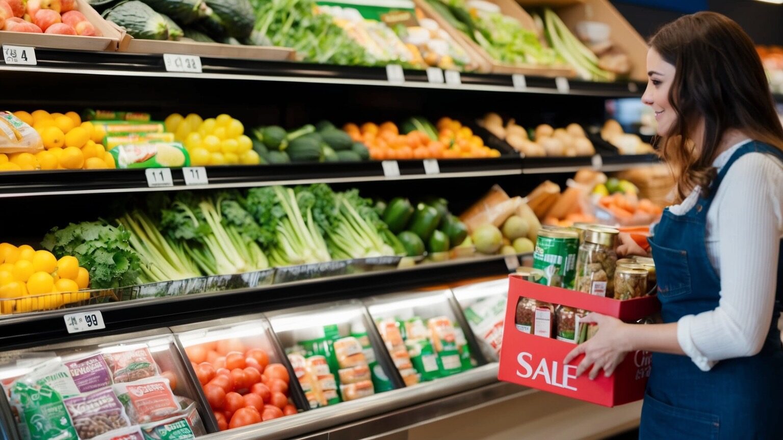 Woman practicing freegan lifestyle looking for sales while grocery shopping.