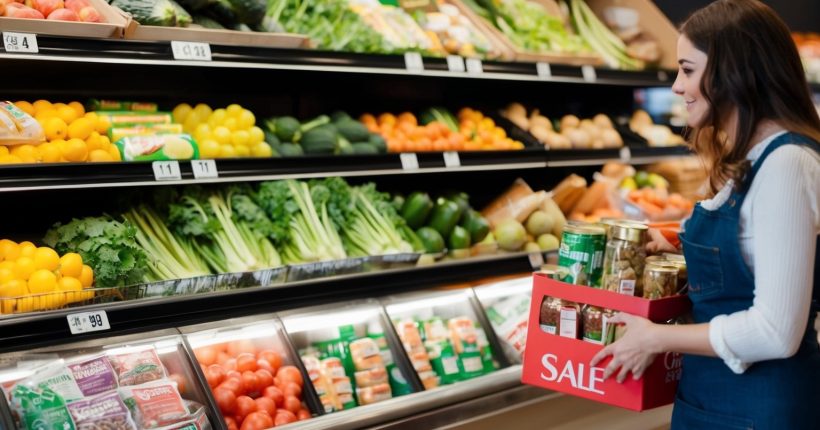 Woman practicing freegan lifestyle looking for sales while grocery shopping.